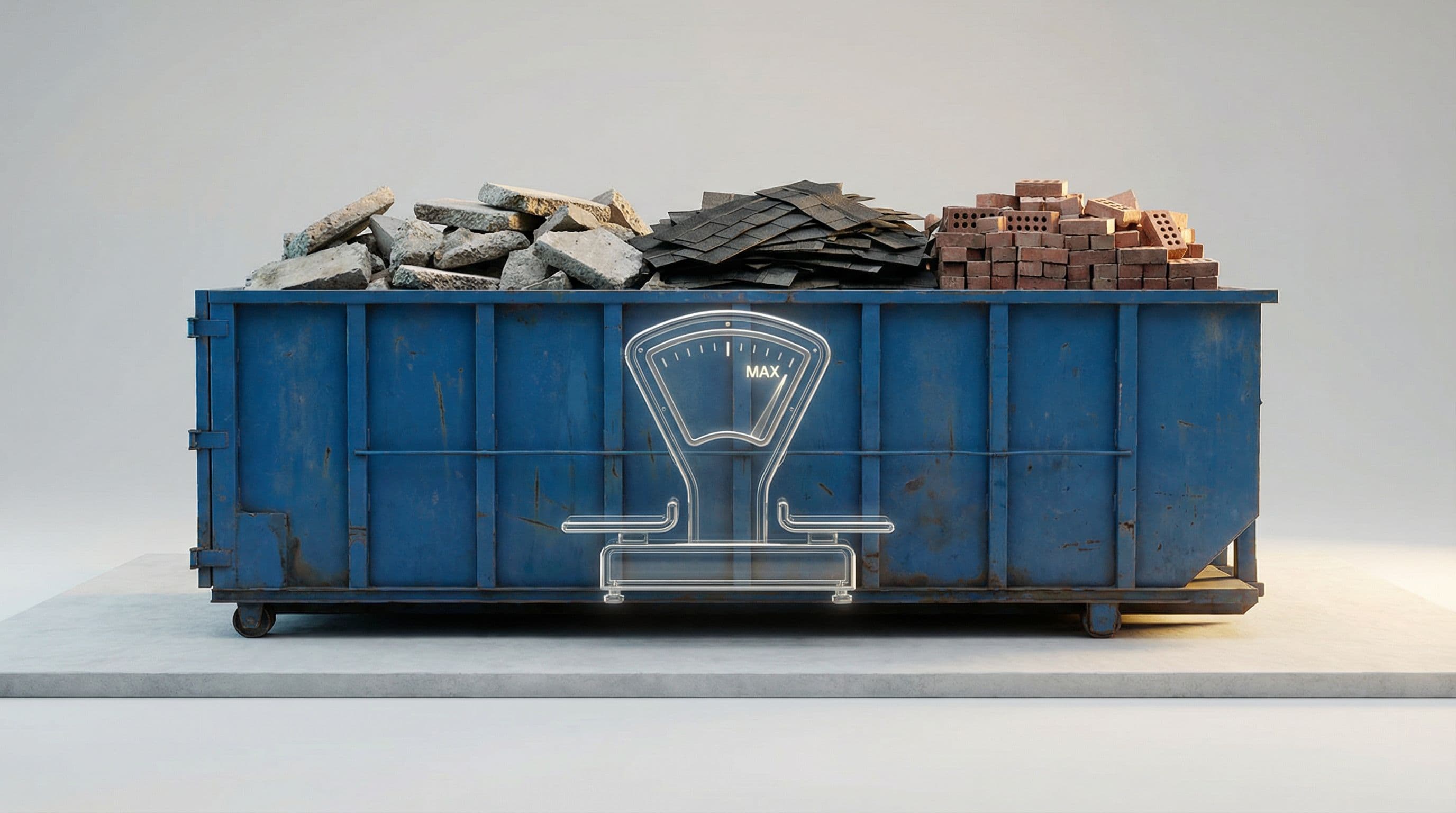 Dumpster filled with heavy roofing shingles and concrete