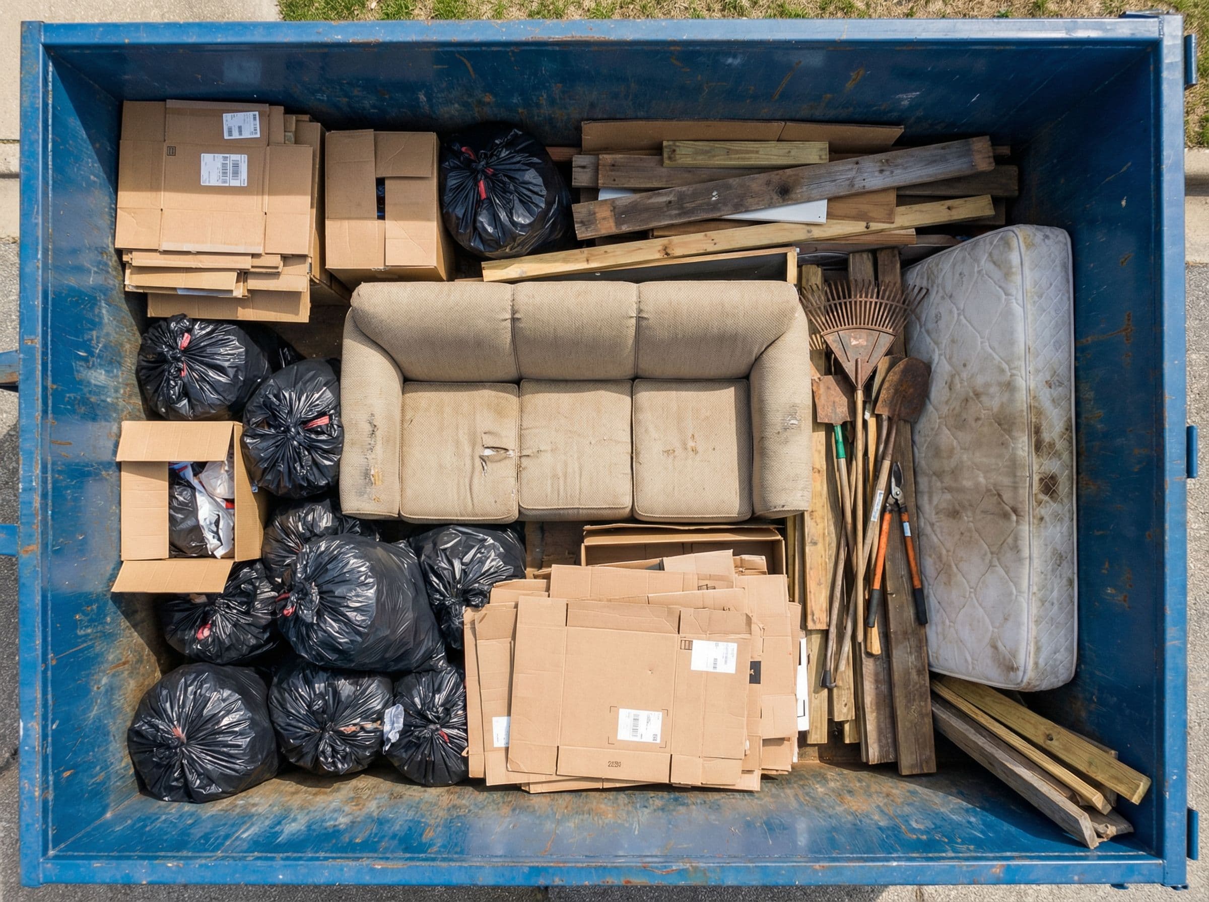 Overhead view of items loaded into a roll-off dumpster