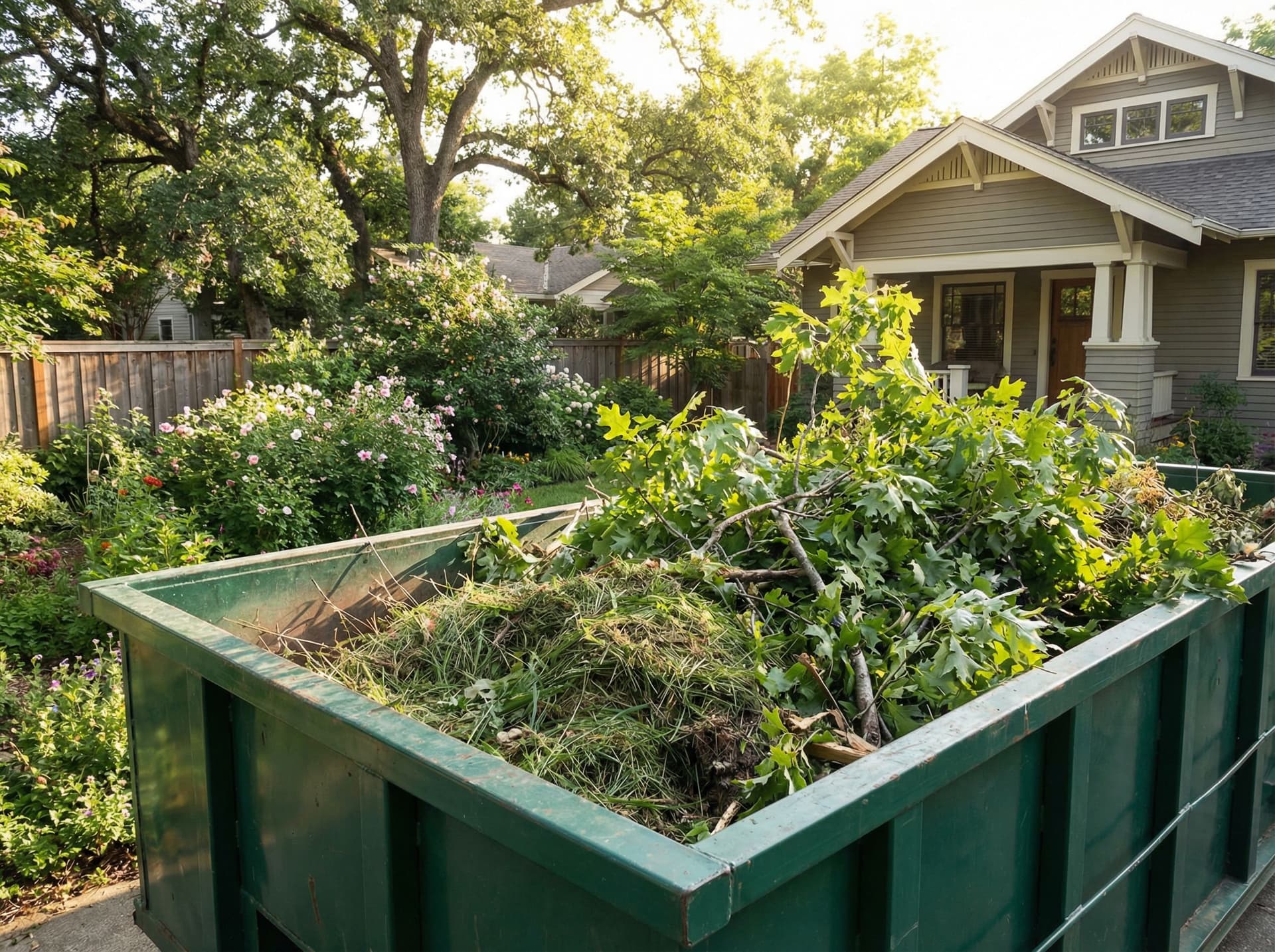 Dumpster filled with yard waste and tree branches for landscaping disposal