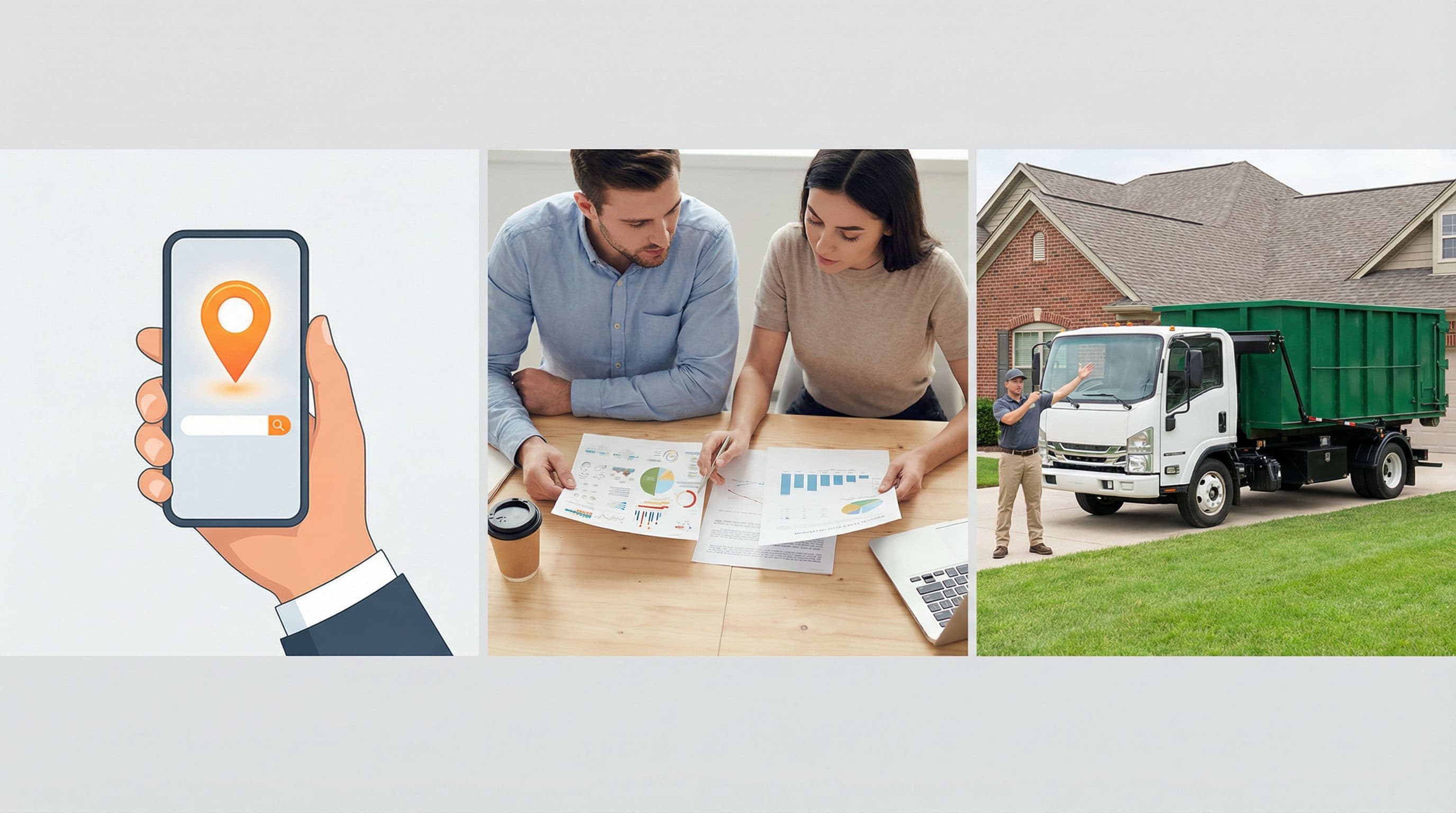 Three-step process: search, compare, get dumpster delivered